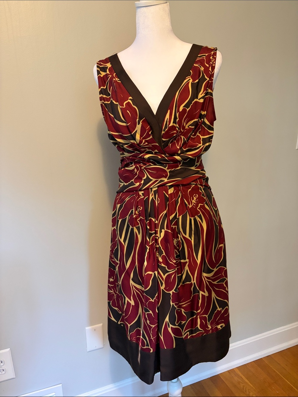 BCBGMaxAzria - Silk, Burgundy and Brown Abstract Floral V-Neck Dress